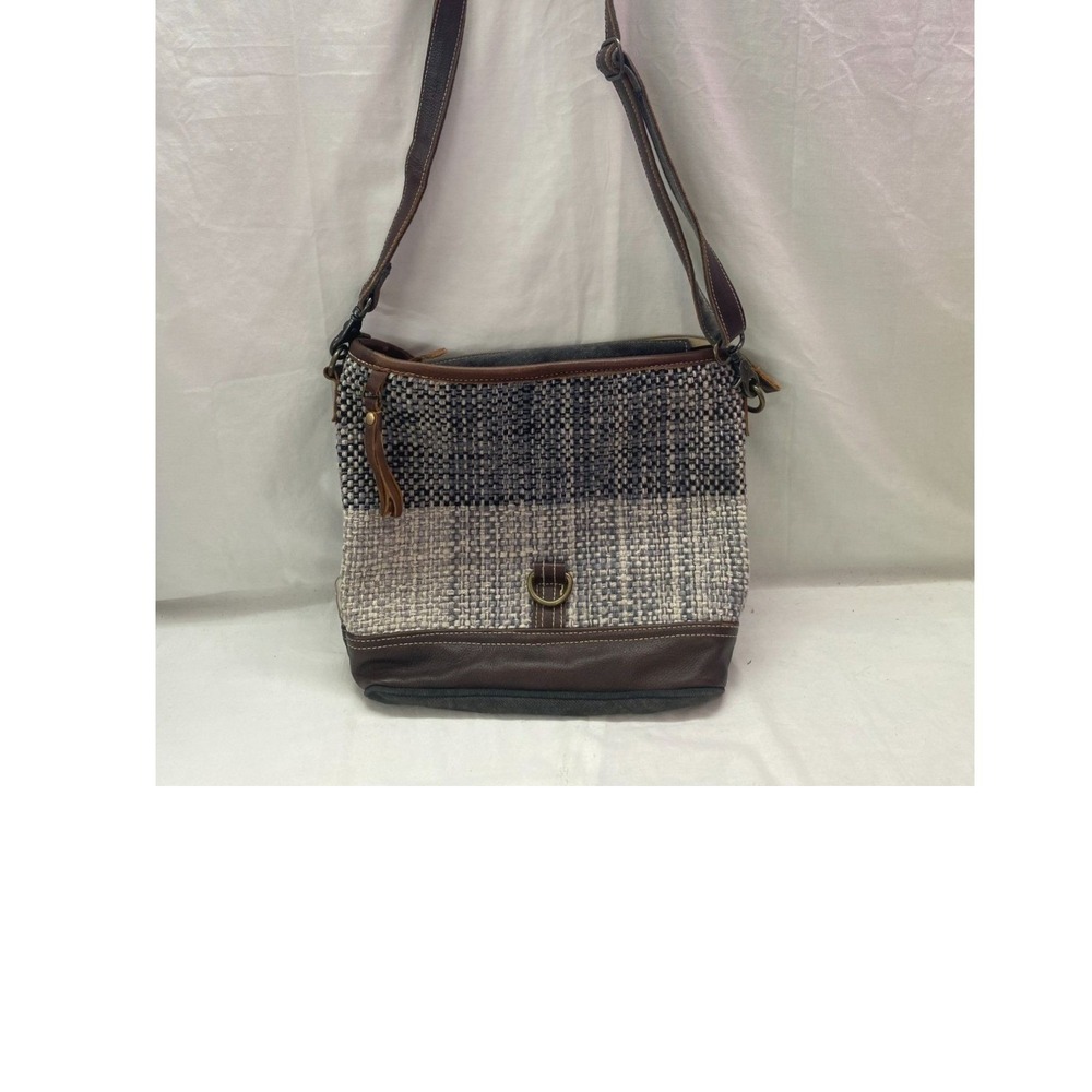 Myra Upcycled Canvas Woven Crossbody Bag Gray Cream Messenger Purse